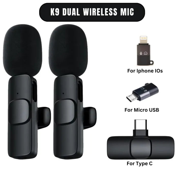 K9 Wireless Lavalier Microphone – Dual Mic with USB Type-C & iOS Connector
