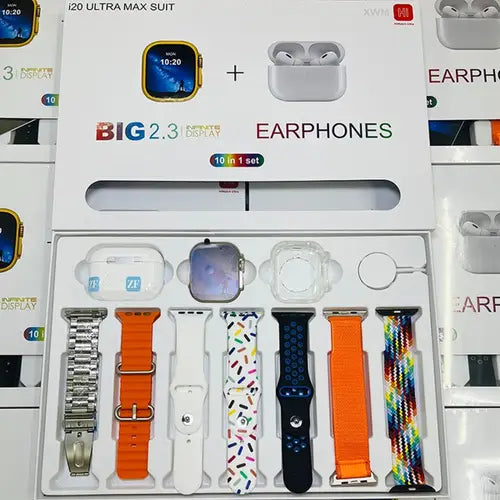 i20 Ultra Max Suit – 10-in-1 Smartwatch + Wireless Earbuds Combo