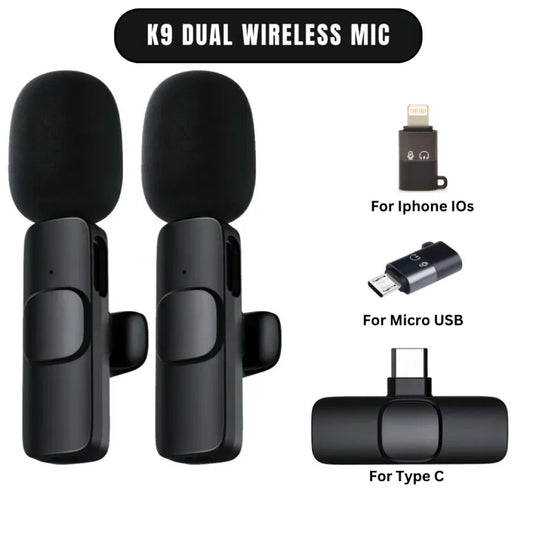 K9 Wireless Lavalier Microphone – Dual Mic with USB Type-C & iOS Connector