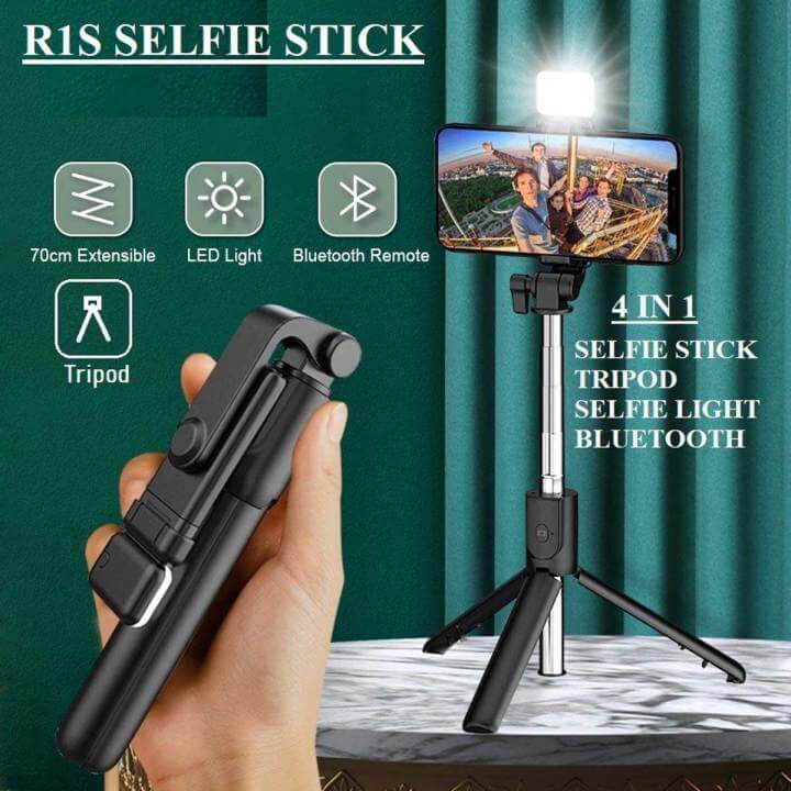 4-in-1 Wireless Selfie Stick Tripod with Bluetooth Remote, LED Ring Light, Foldable 70CM Mobile Holder