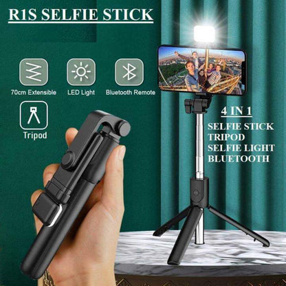 4-in-1 Wireless Selfie Stick Tripod with Bluetooth Remote, LED Ring Light, Foldable 70CM Mobile Holder