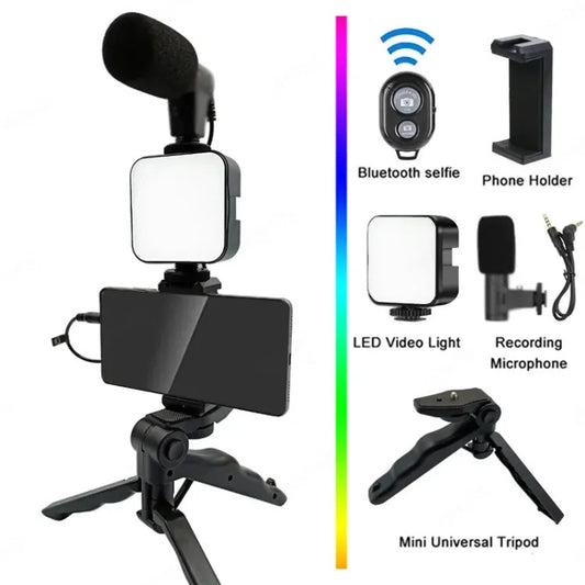 AY49 Mobile Vlogging Kit for Smartphone & Camera – Video Recording Studio Kit with Microphone, LED Fill Light, Tripod