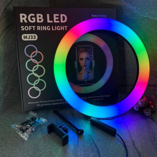 MJ 33 RGB LED Ring Light 33cm with Phone Clip – Multi-Color Light