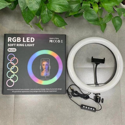 MJ 33 RGB LED Ring Light 33cm with Phone Clip – Multi-Color Light